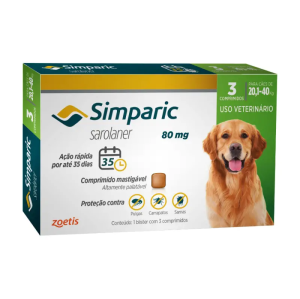 Antiparasitário Simparic para Cães de 20,1 à 40 kg - Contém 3 comprimidos